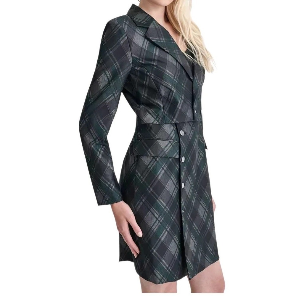DKNY Women Petite Plaid Print Notched Collar Blazer Sheath Jacket Dress Size 12P